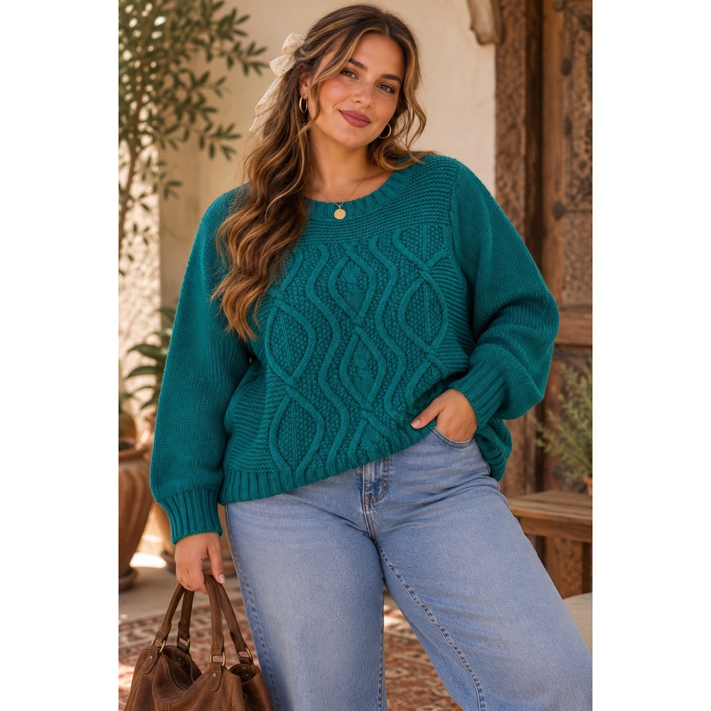 Lands End Drifter Sweater Women L Teal Cotton Cable Knit Crewneck Preppy Coastal